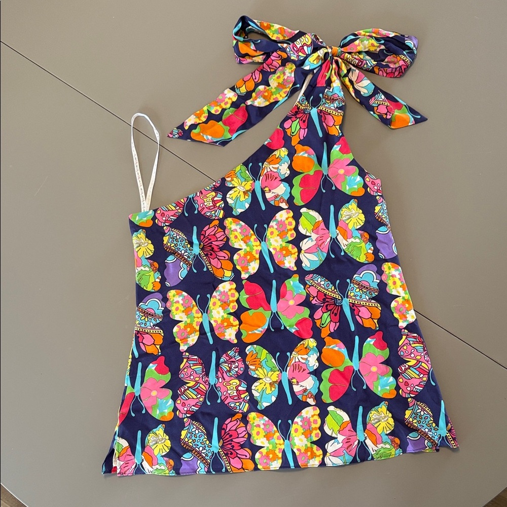 Colorful Silk Butterfly Print One-Shoulder Top Size 0
